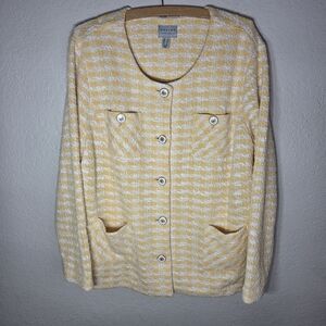 Susan Graver Size L Knit Jacket Boucle Button Front Yellow Plaid Pockets Front